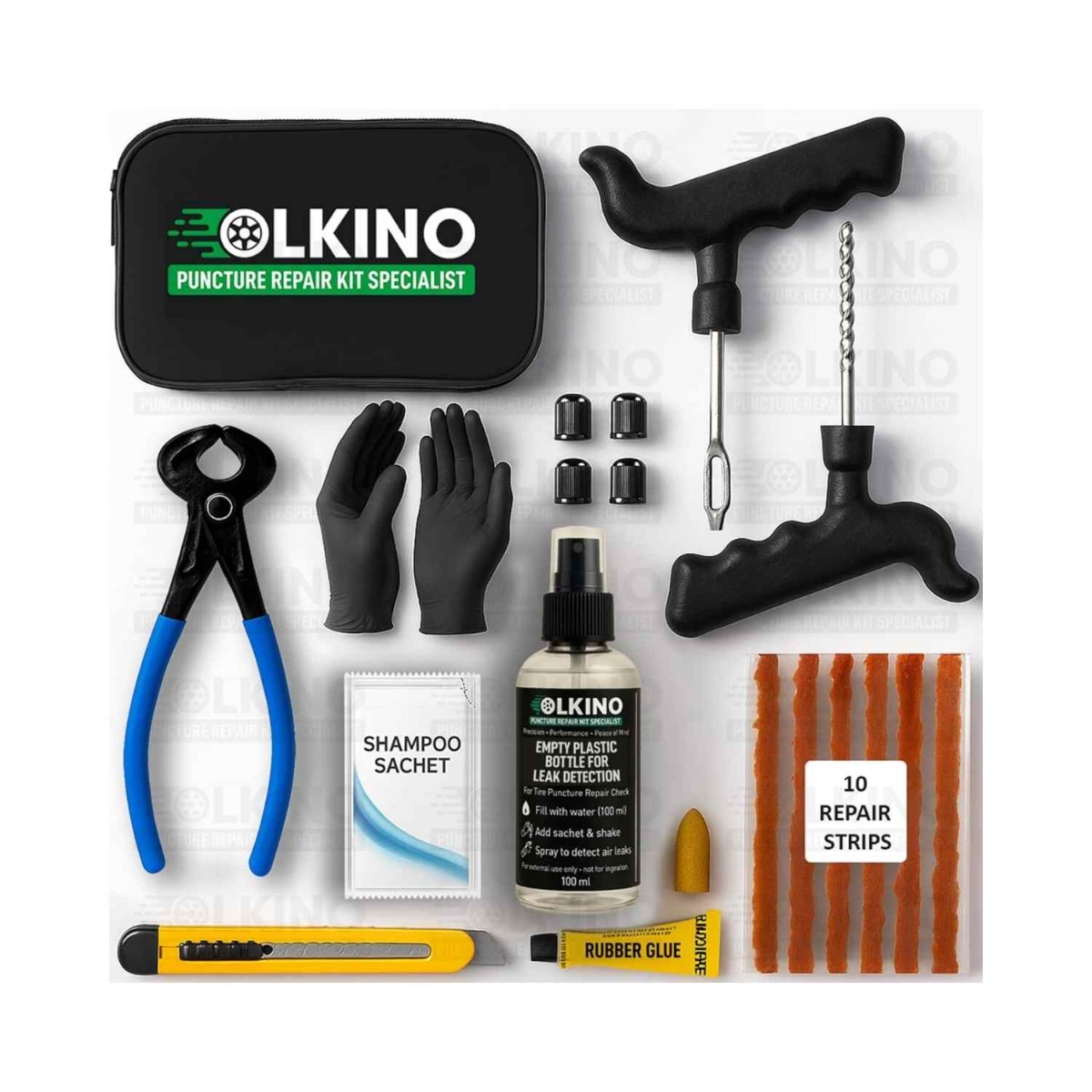 OLKINO 12-in-1 Tubeless Tyre Puncture Repair Kit with T-Handle Tools & Storage Bag