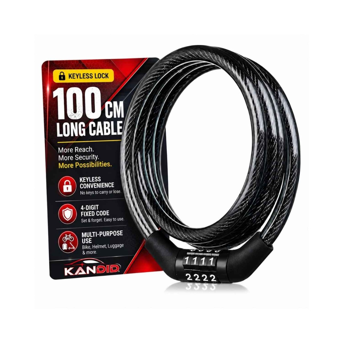 Kandid Multi-Purpose Keyless Helmet & Bicycle Cable Lock
