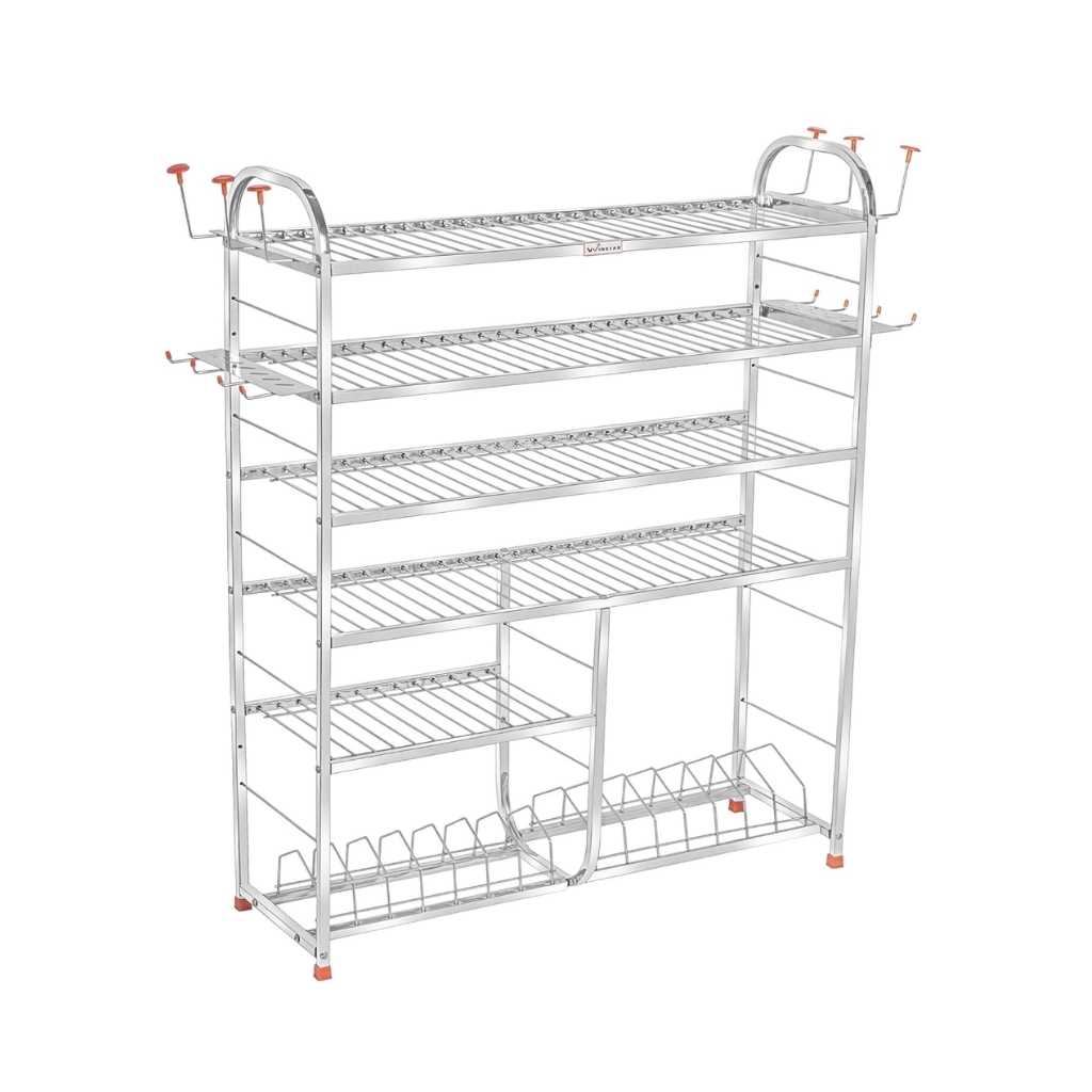 WINSTAR Stainless Steel 6 Shelf Wall Mount Kitchen Utensils Rack with Plate & Cutlery Stand (Lower 2 Plate)