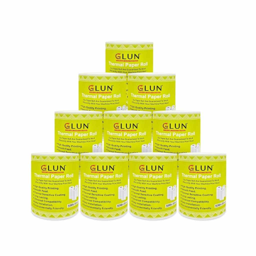 GLUN® 80mm (3 Inch) x 50 Meter Thermal Receipt Paper Roll BPA-Free Pack of 10