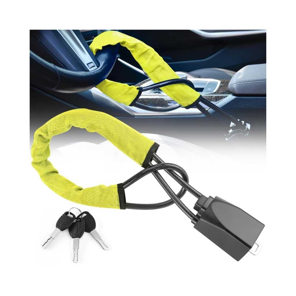 Autobizarre Anti-Theft Heavy Duty Adjustable Steering Wheel Lock with Seat Belt Lock (Yellow)