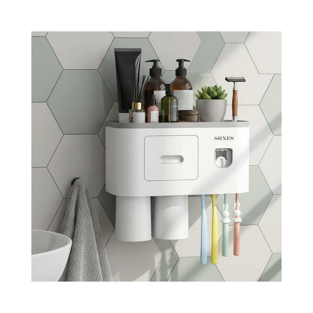 SRXES Acrylonitrile Butadiene Styrene Toothbrush Holder for Bathroom, Wall Mounted with Toothpaste Dispenser (2 Cup, White)