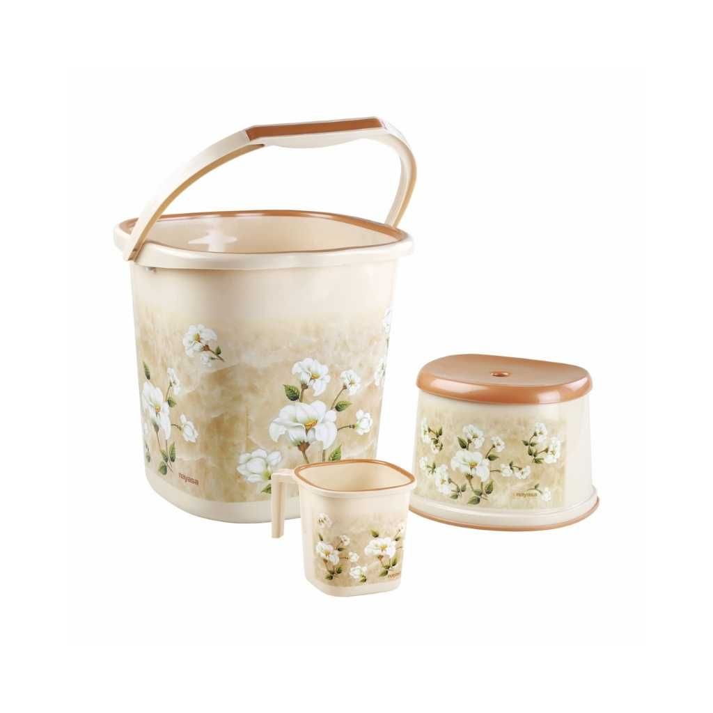 Nayasa Plastic Marble Bathroom Set of 3 with Bucket, Mug and Stool