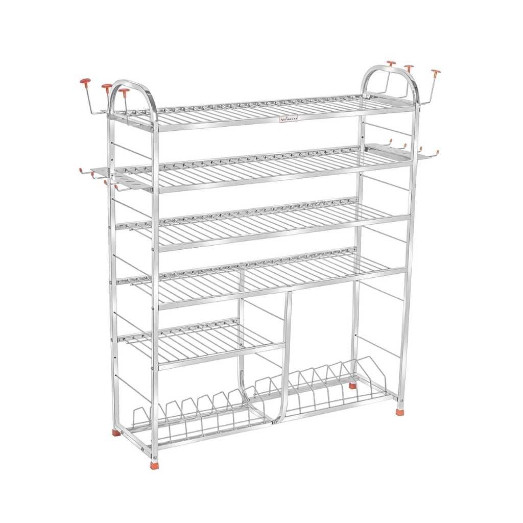 WINSTAR Stainless Steel 6 Shelf Wall Mount Kitchen Utensils Rack with Plate & Cutlery Stand (Lower 2 Plate)