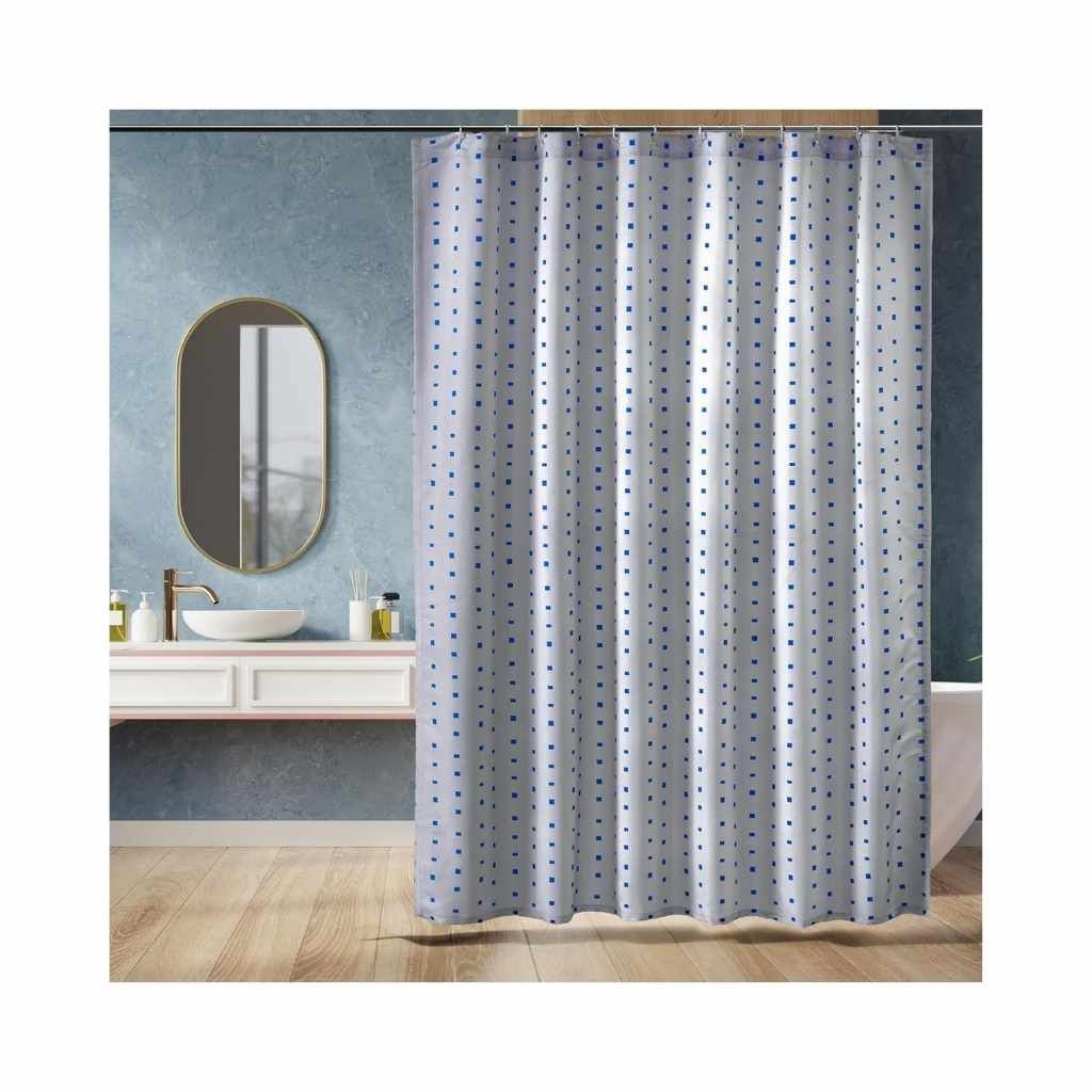 Amazon Basics Polyester Squares Shower Curtain with Hooks – 72 x 72 Inch, Blue