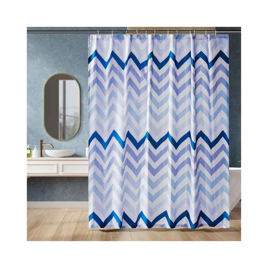 AmazonBasics Mold and Mildew Resistant Shower Curtain with Hooks – 72 x 72 Inch, Blue Ombre Chevron