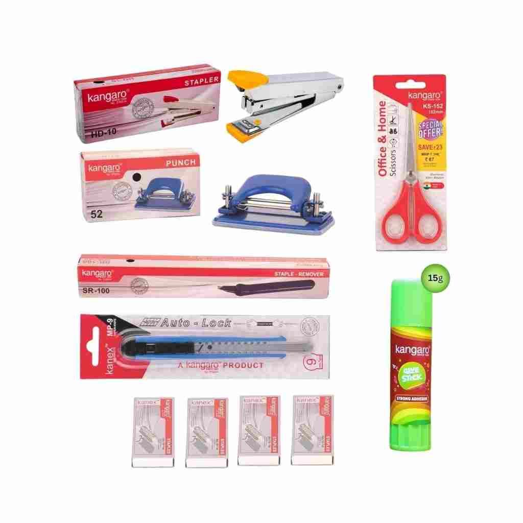 Office Stationery Set with HD-10 Stapler, Paper Punch, Scissors, Staple Remover, Cutter, Glue Stick & Staples (10 Pieces)