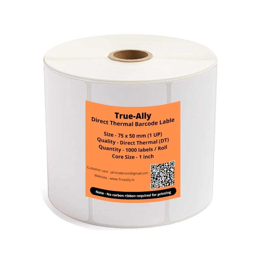 True-Ally 75 × 50 Direct Thermal (DT) Barcode Label Sticker – 3 × 2 Inch, 1000 Labels/Roll
