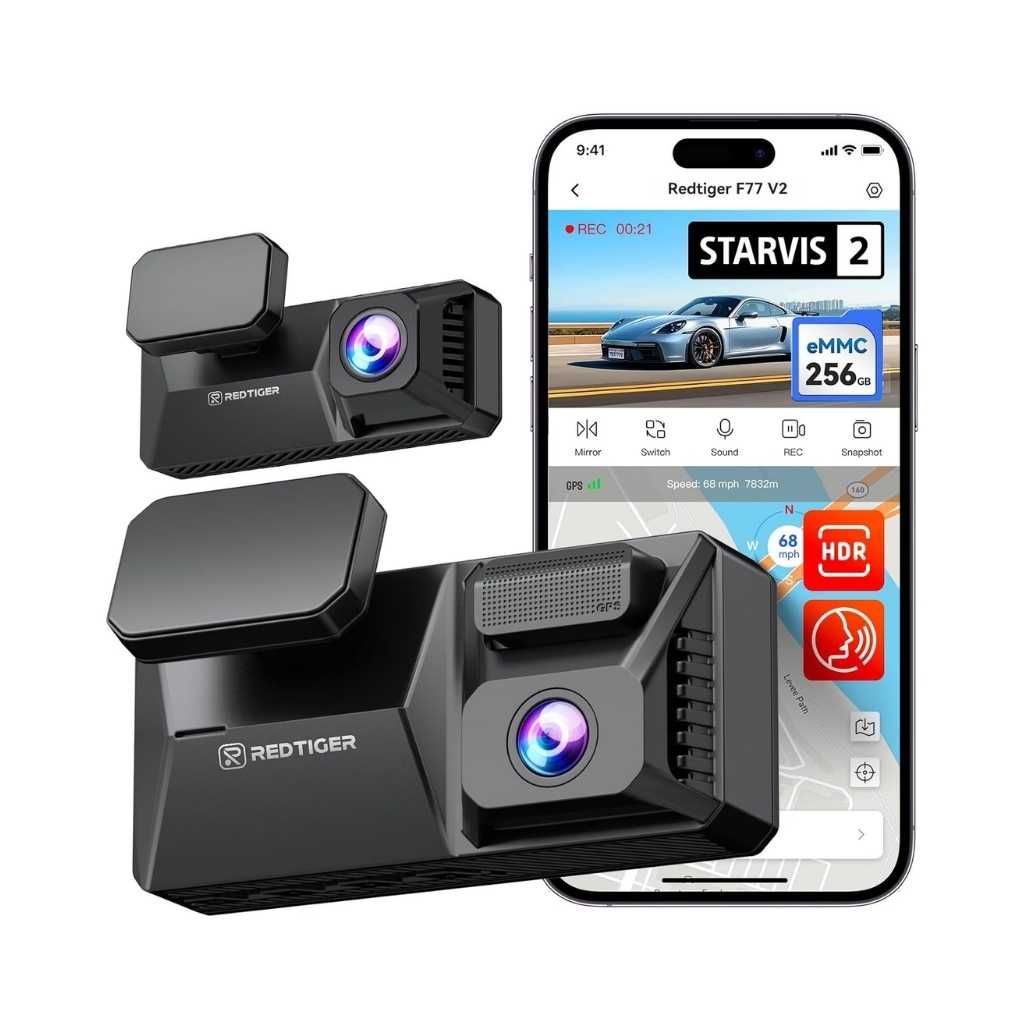 REDTIGERS F77-V2 Dual 4K Dash Cam with 256GB eMMC, Dual STARVIS 2 IMX678 Cameras