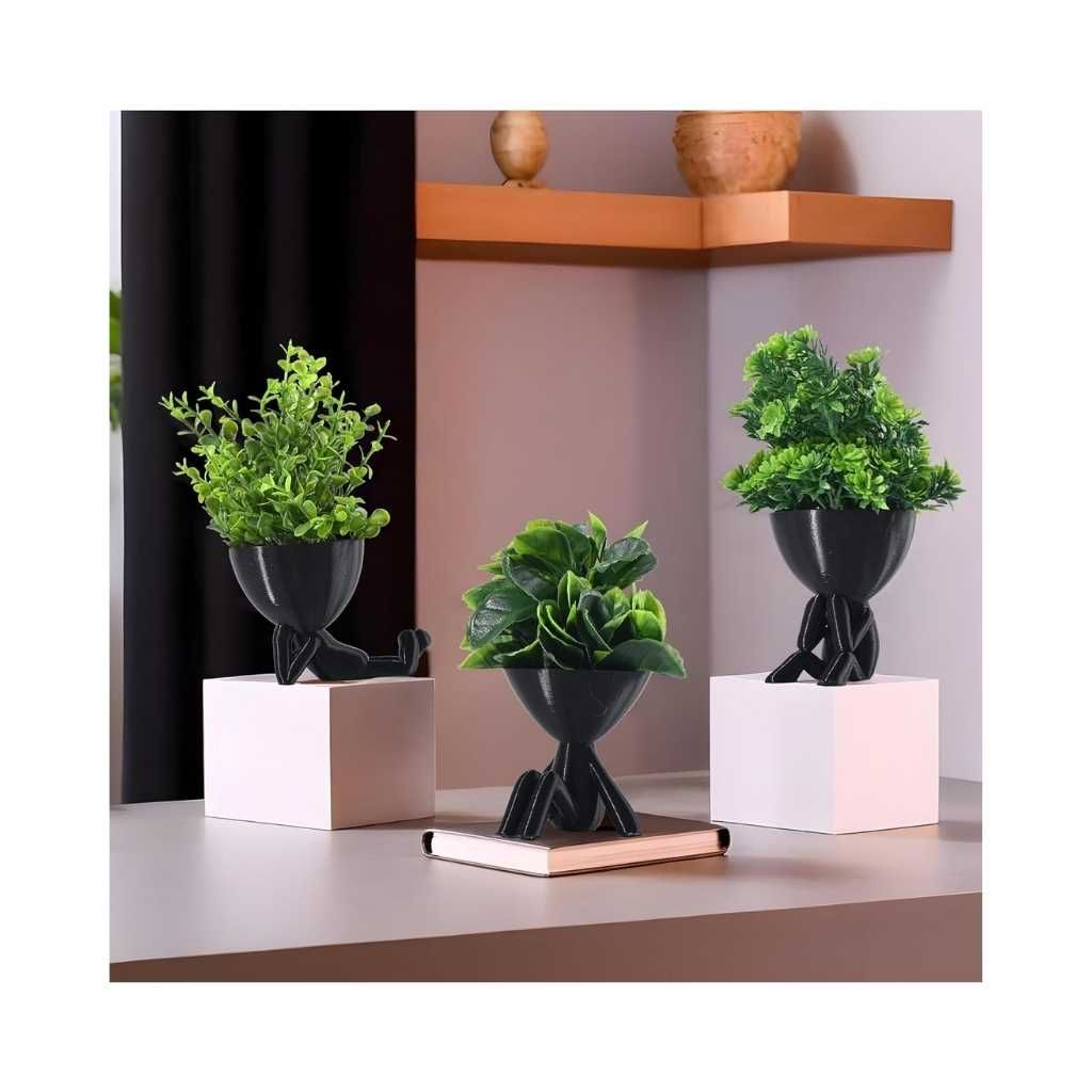 Kuber Industries Plastic Mini Artificial Plants with Pot – Set of 3 (Man Shape Black)