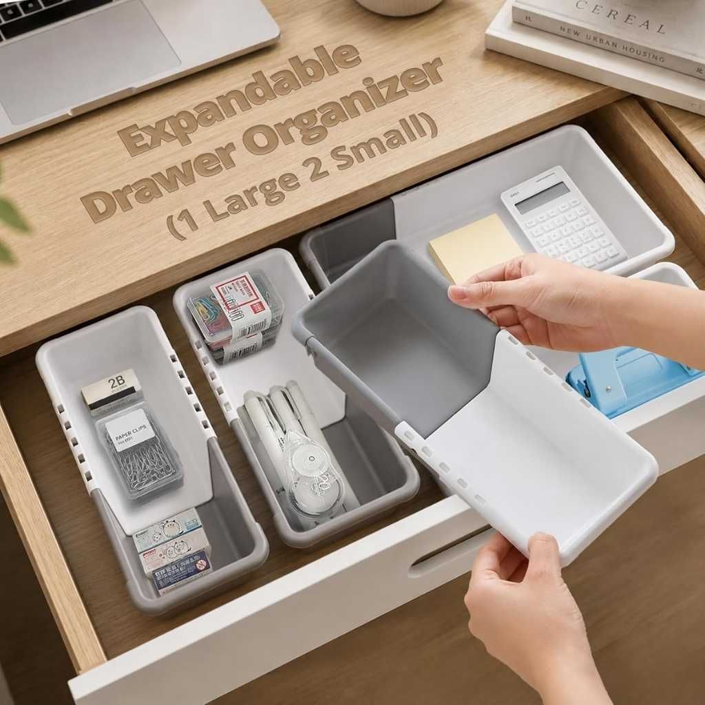 LIVINGBASICS Expandable Drawer Organizer – 1 Large + 2 Small Tray Divider