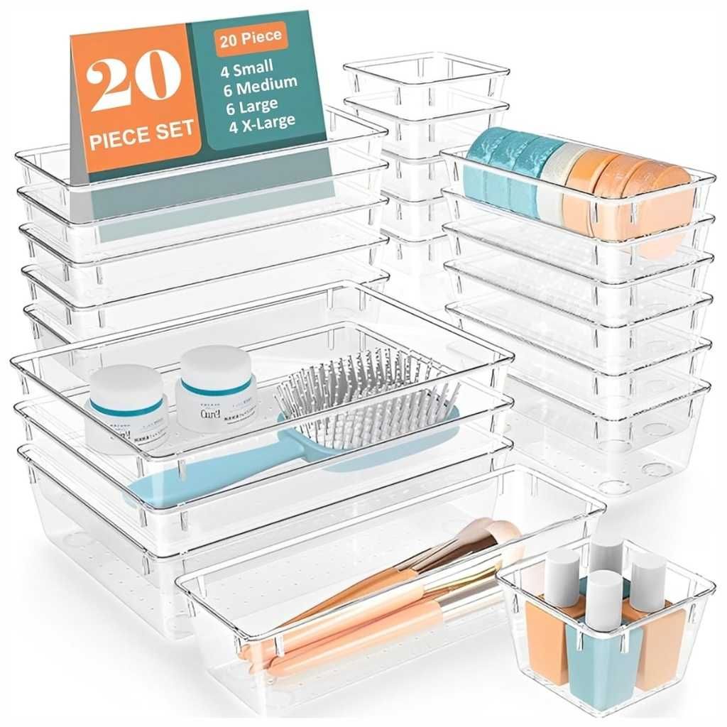 JD FRESH Polypropylene Set of 20 Drawer Organiser – Transparent
