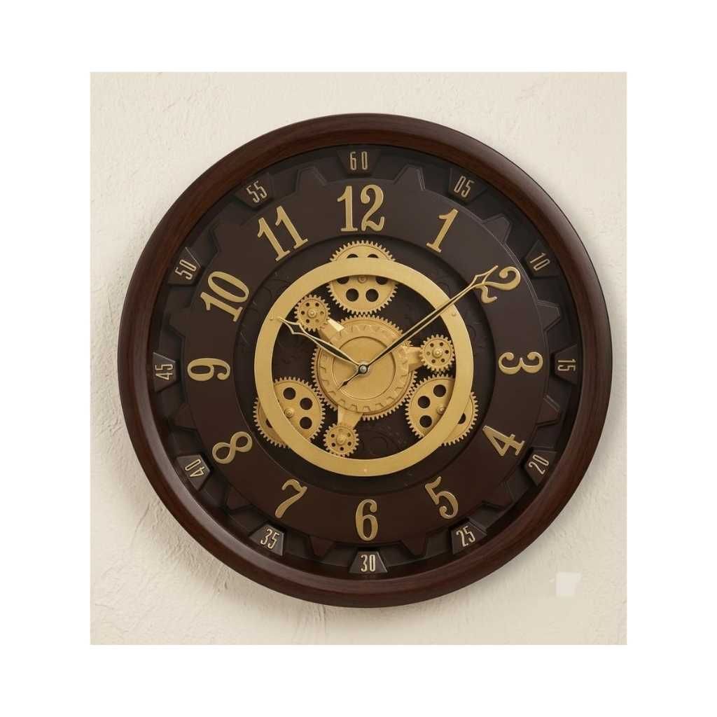 Designer Big Size Wooden Touch Plastic Wall Clock with Rotating Moving Gear Mechanism (Cola)
