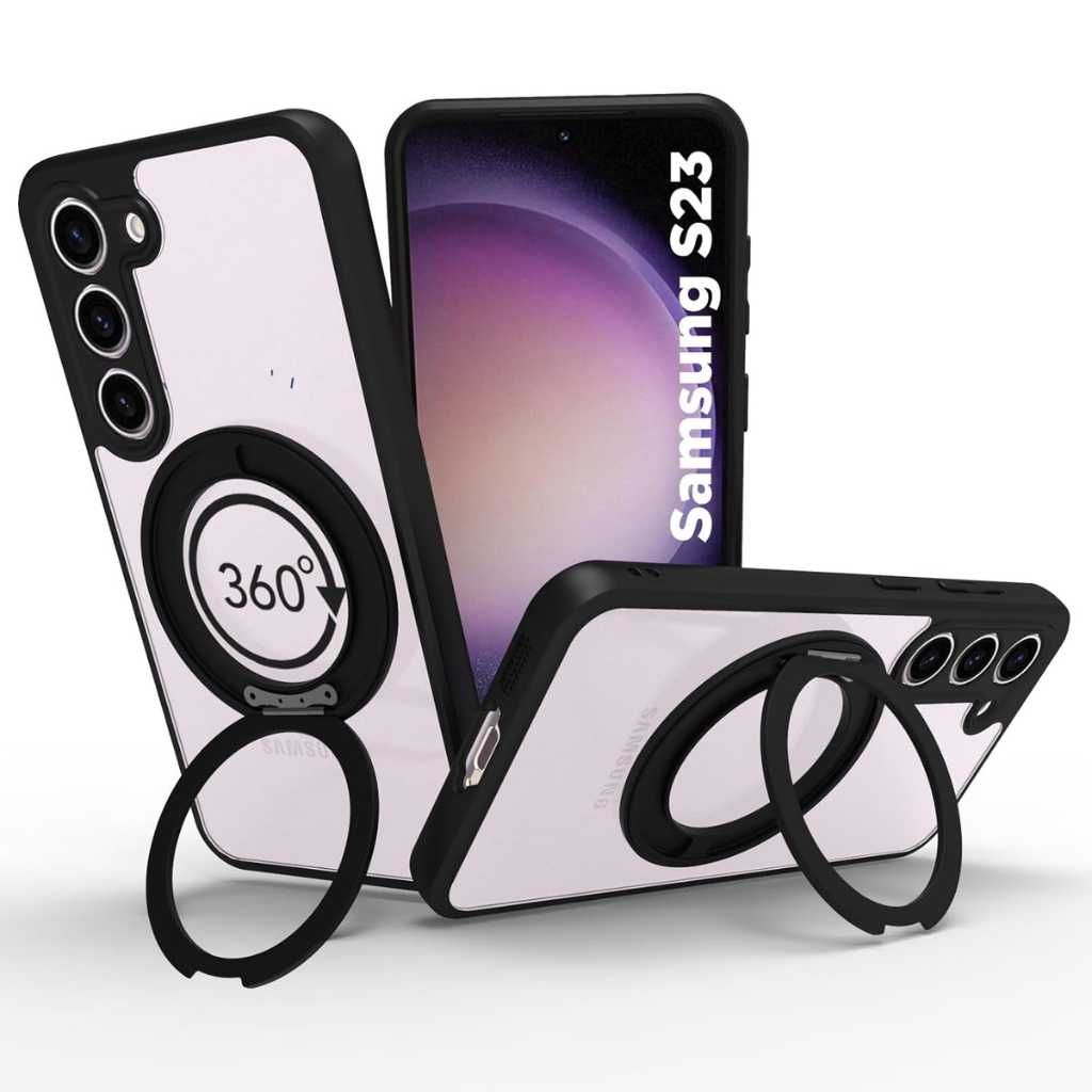 RIGGEAR Shockproof Sleek Hybrid Armor 360° Rotating Magnetic Ring Stand Back Cover Case for Samsung Galaxy S23 (Clear PC + Black TPU Bumper)