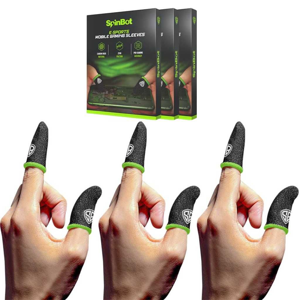 SpinBot Thumb & Finger Sleeve for Mobile Gaming (6 Pieces) with Metal Carry Box – Pack of 3 Pair (Black)