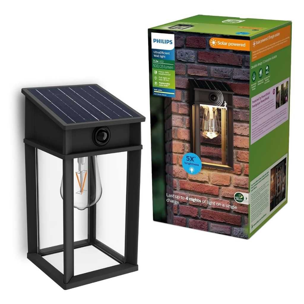 Philips Geri Solar LED Outdoor Motion Sensor Light – Square Black, 500 Lumens