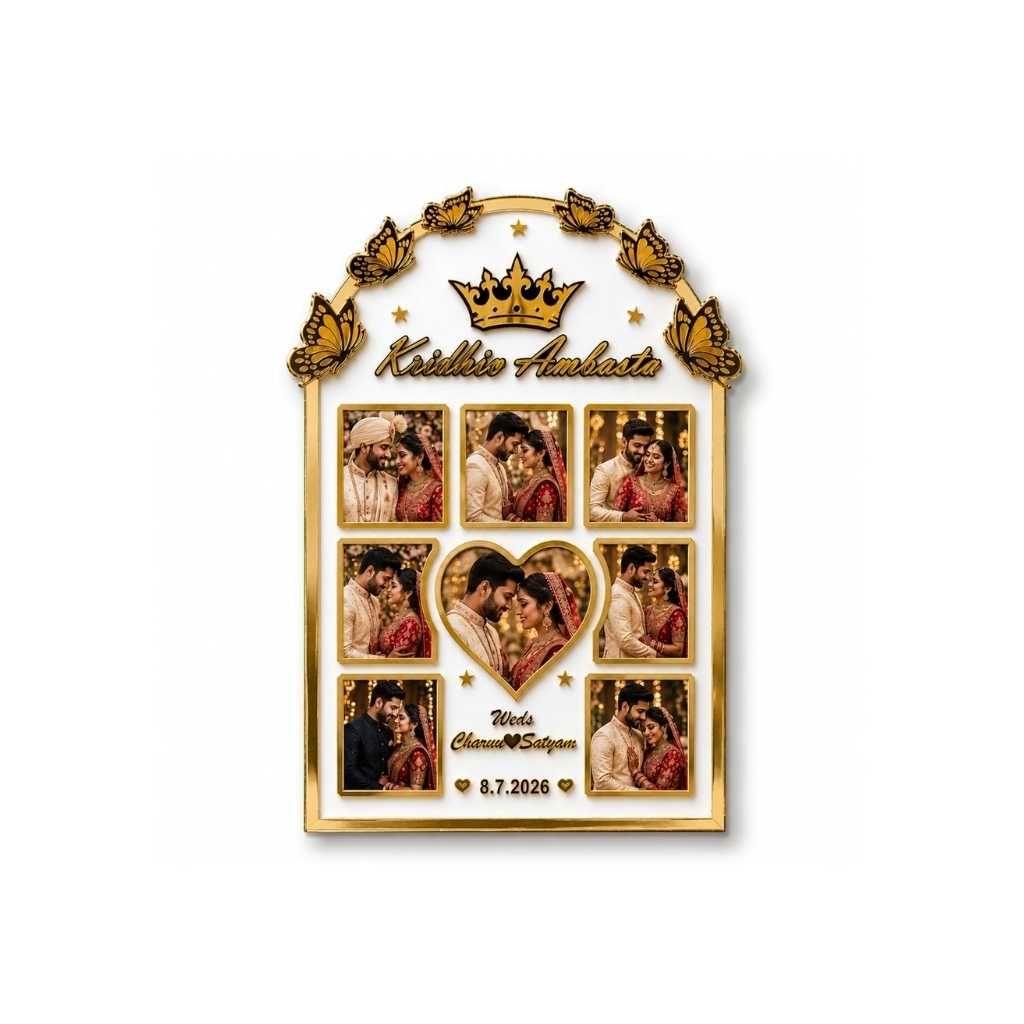 Personalised Wedding Photo Collage Frame with Golden Acrylic Crown & Butterfly Design