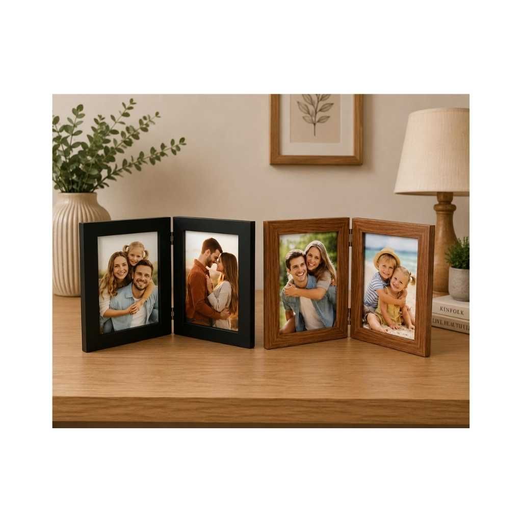 Decorative Double Photo Frame with Folding Table Stand & Plexiglass Protection