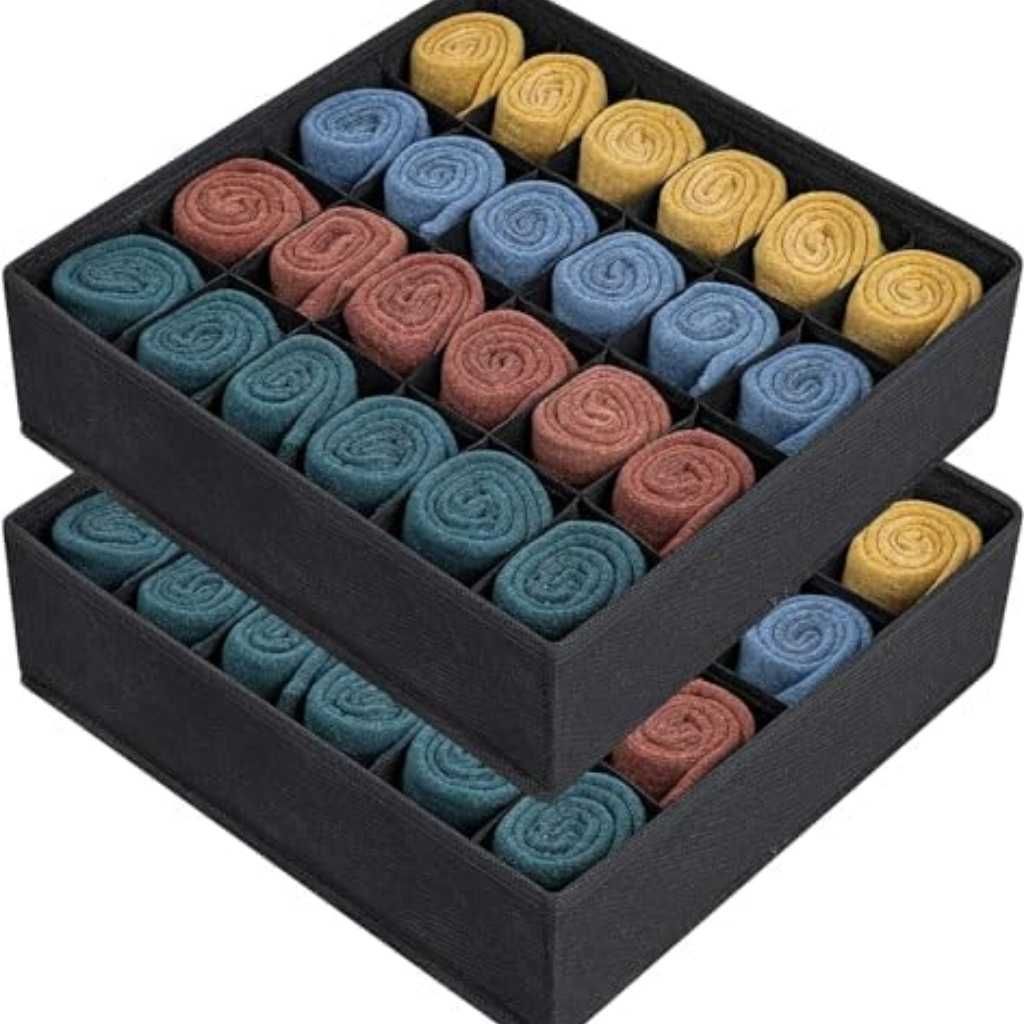 Socks Organizer with 24 Cells – Collapsible Innerwear Closet Wardrobe Drawer Divider (Pack of 2, Black)