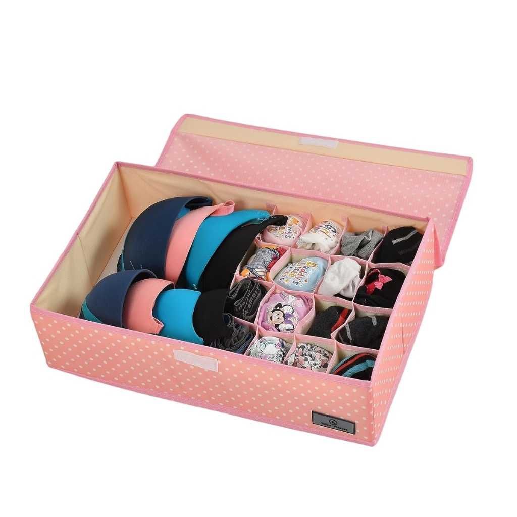 Yellow Weaves Undergarments Organizer – Foldable Storage Box with Lid (Pink Polka)