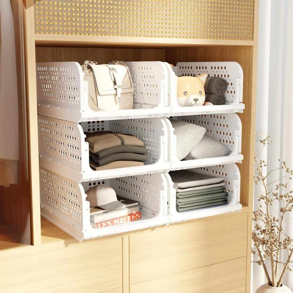 es Organizer for Wardrobe – Foldable & Stackable Closet Organizer (6 Pieces, White)