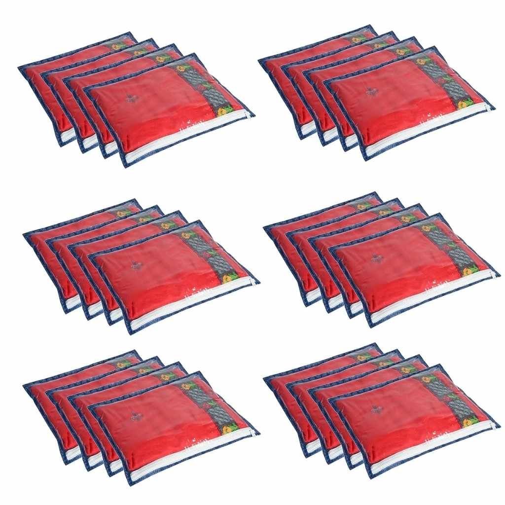 HomeStrap Set of 24 Printed Single Saree Cover / Clothes Storage Bags with Transparent Top (Navy Blue)