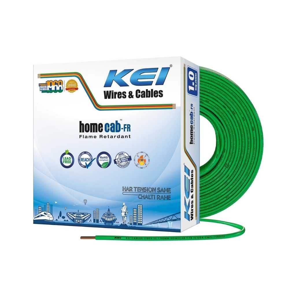 KEI Homecab House Wire 1 sqmm 1 Core PVC Insulated Cable (Green, 90 Meters)