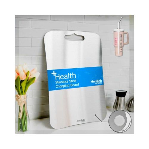 Herrlich Homes Premium 304 Stainless Steel Rectangle Chopping Board with 2 Steel Straws & Anti-Skid Silicon Pad