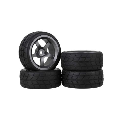 Mxfans Grey 5 Spoke Aluminium Alloy Wheel Rims & Black Square Pattern Rubber Tyres for 1:10 RC On-Road Racing Car (Set of 4)