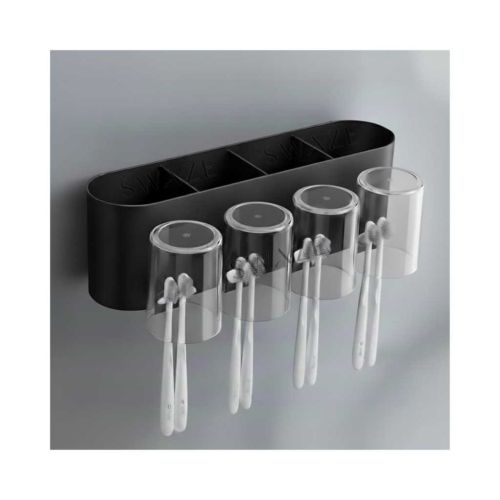 SWAZE Wall Mounted Toothbrush Holder for Bathroom – Stickable Brush Stand, Tooth Brush & Paste Holder (Matte Black, 4 Cups)