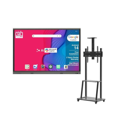 BIG VUE Pro 65 Inch Android 14 Smart Interactive Digital Flat Panel All-in-1 Board with TV Trolley Stand
