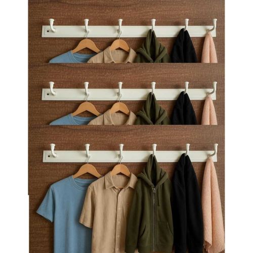 Q1 Beads 3 Pack Metal Wall Mount Clothes Hanger – 6 Pins Wall Hooks (Ivory)