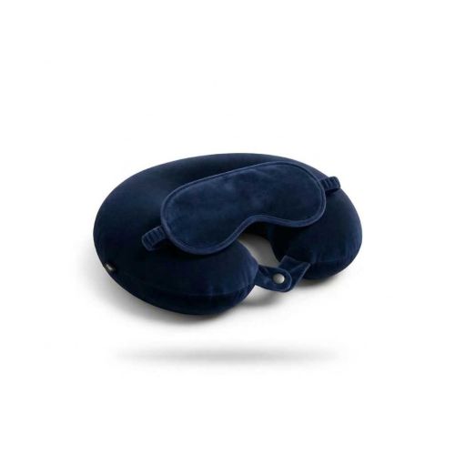 Dark Blue Travel Neck Pillow with Button Closure & Eye Mask