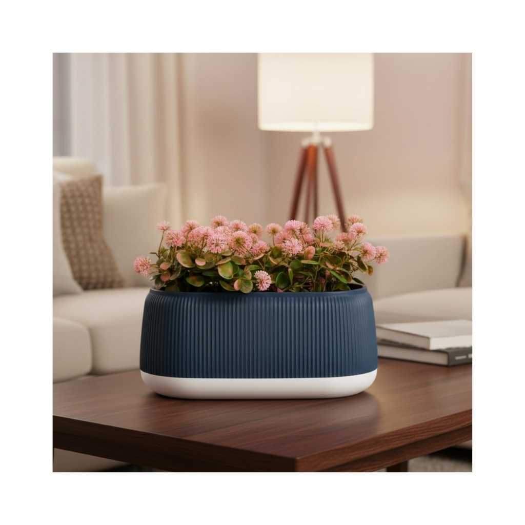 Amazon Basics Pink Flowers with Blue & White Plastic Pot