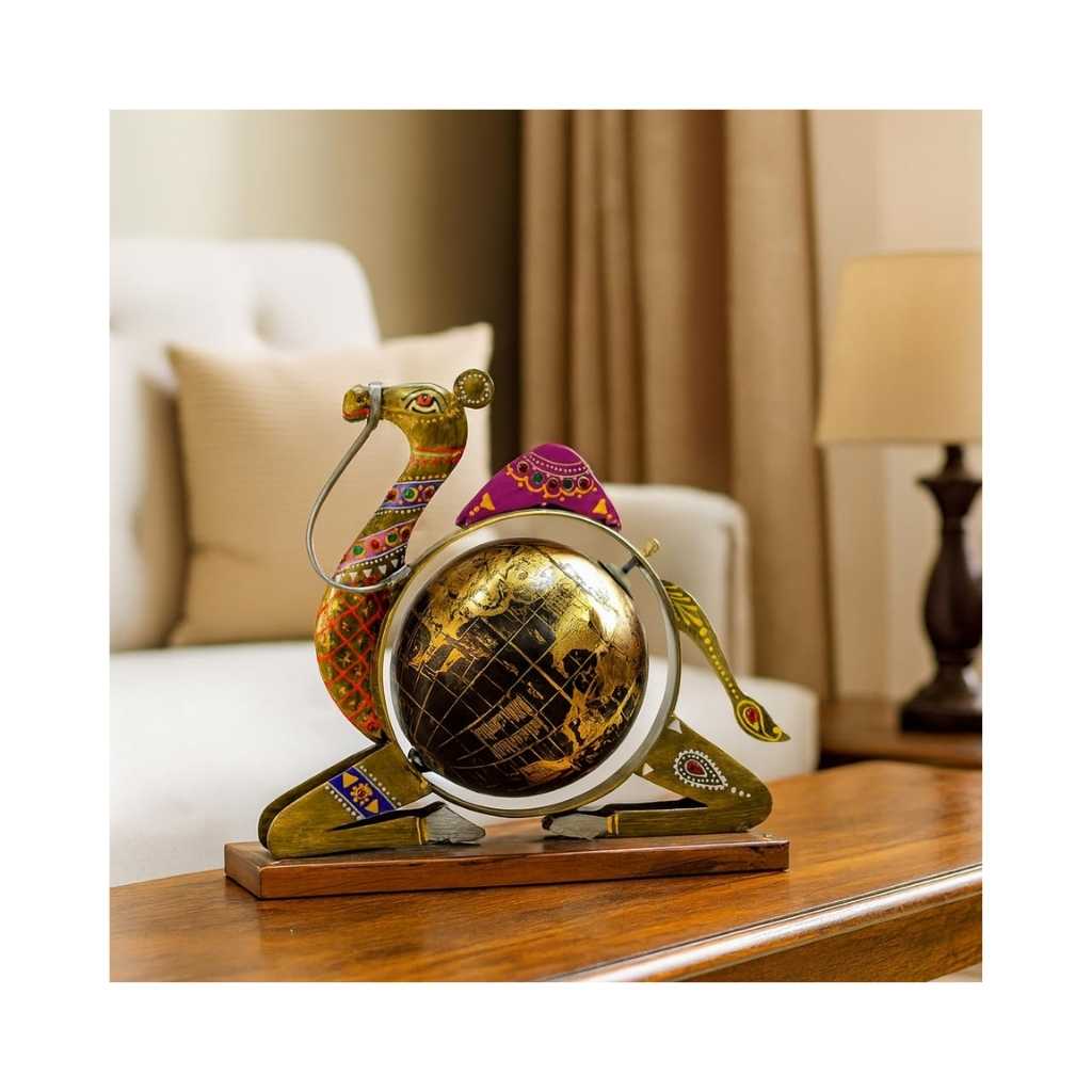 CraftVatika Decorative Globe Metal Rajasthani Camel Table Top Showpiece