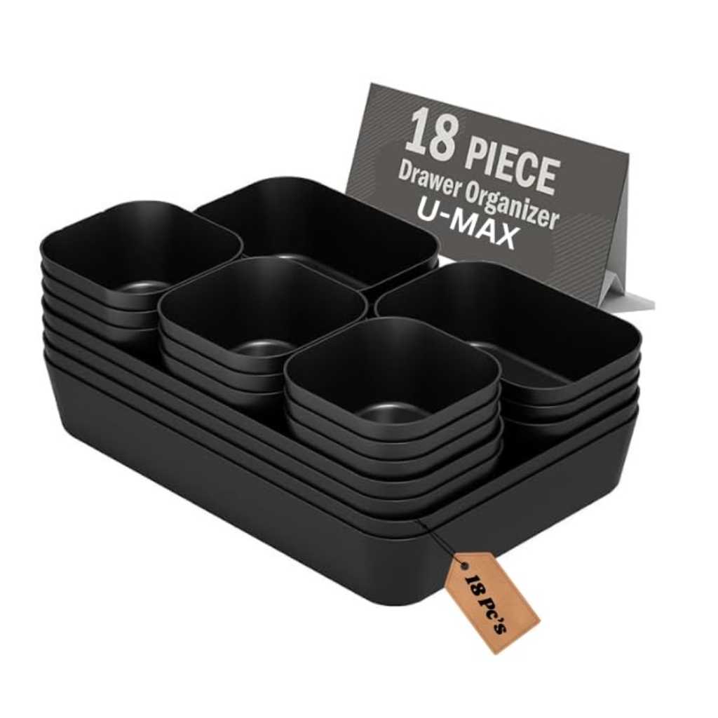 U-Max Drawer Organizer Set – Bathroom & Vanity Plastic Tray (Black, 18 Pcs)