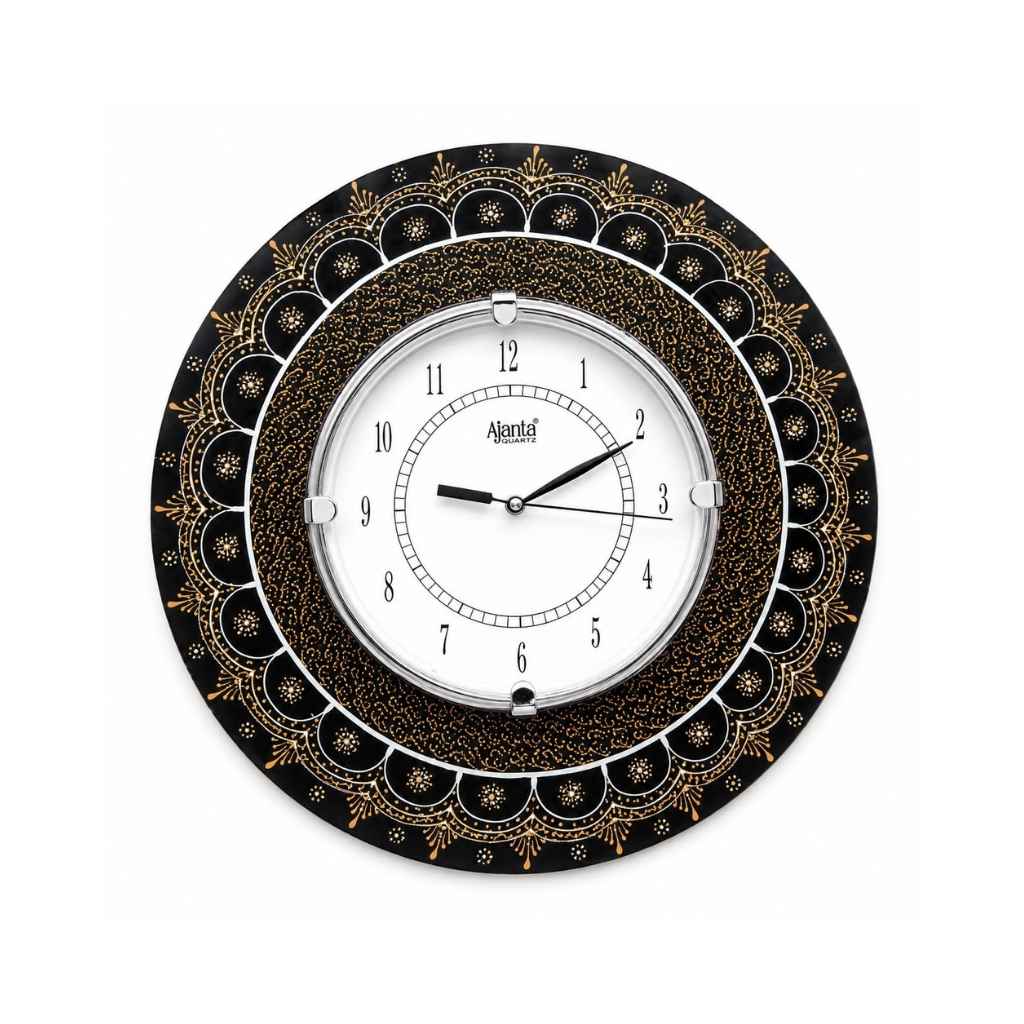 Ajanta Quartz 13-Inch Round Wall Clock – Premium Black & Gold Traditional Mandala Design