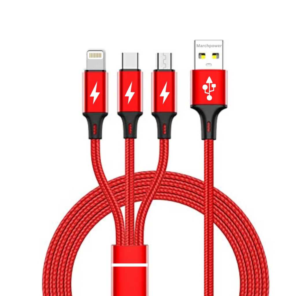 Marchpower VAR-NI 3-in-1 Nylon Braided Multi Pin Charging Cable (Red, 1 Meter)