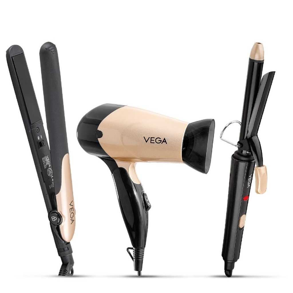 VEGA Miss Versatile Styling Set Straightener, Curler & Dryer Gift Combo for Women (VHSS-03), Black