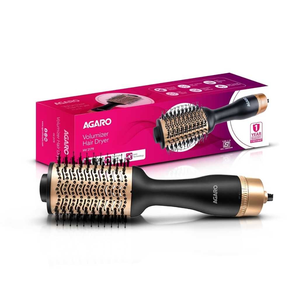 AGARO HV2179 Hot Air Brush for Hair, Blow Dryer Brush, Volumizer & Styler, 1200W, Gold & Black