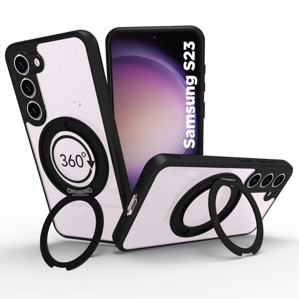 RIGGEAR Shockproof Sleek Hybrid Armor 360° Rotating Magnetic Ring Stand Back Cover Case for Samsung Galaxy S23 (Clear PC + Black TPU Bumper)
