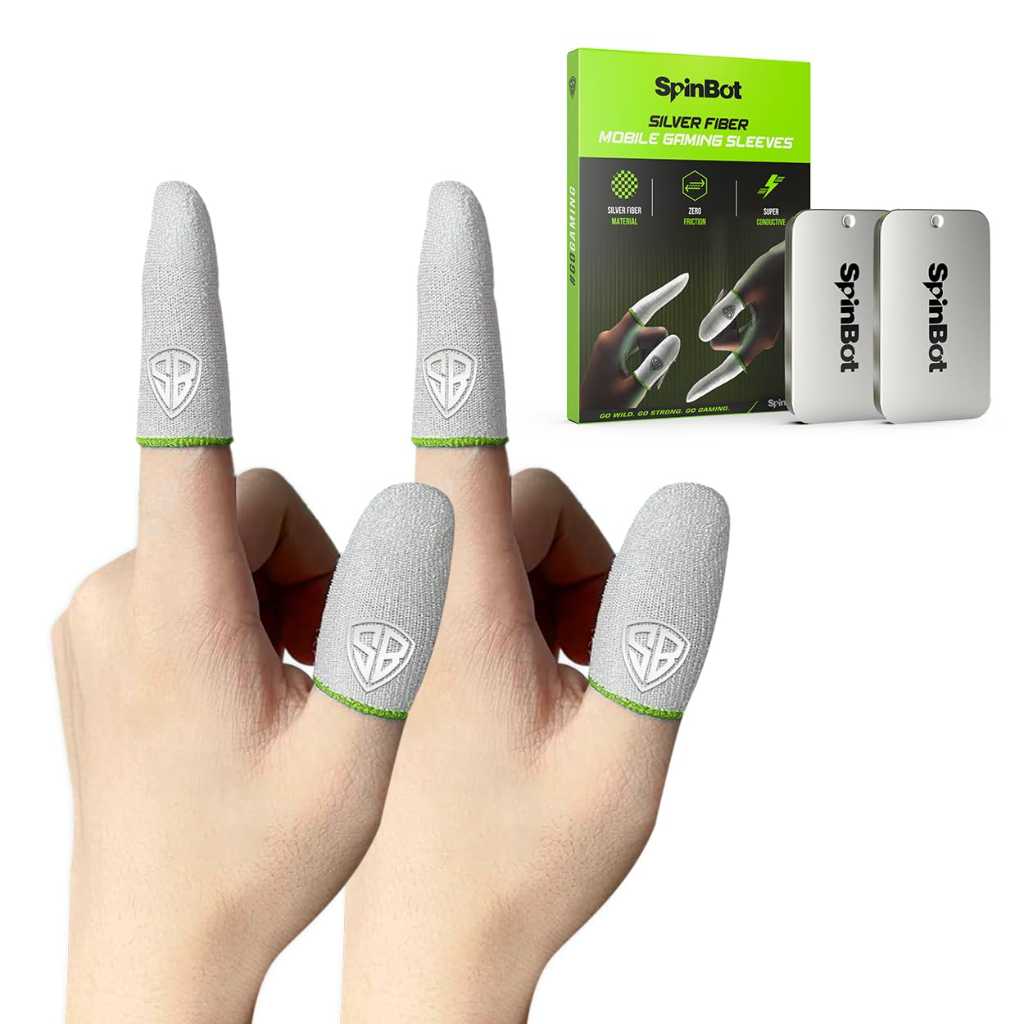 SpinBot Silver Fiber Thumb & Finger Sleeve for Mobile Gaming (4 Pieces) with Metal Carry Box – Pack of 2 Pair