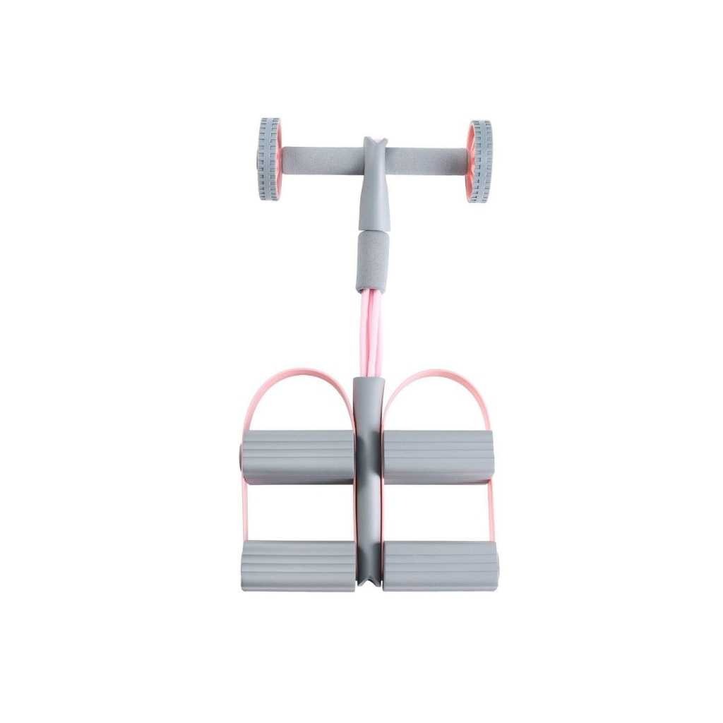 3-in-1 Double Foot Pedal Resistance Puller with Auto Rebound Ab Roller & 4-Tube Tummy Trimmer (Pink)