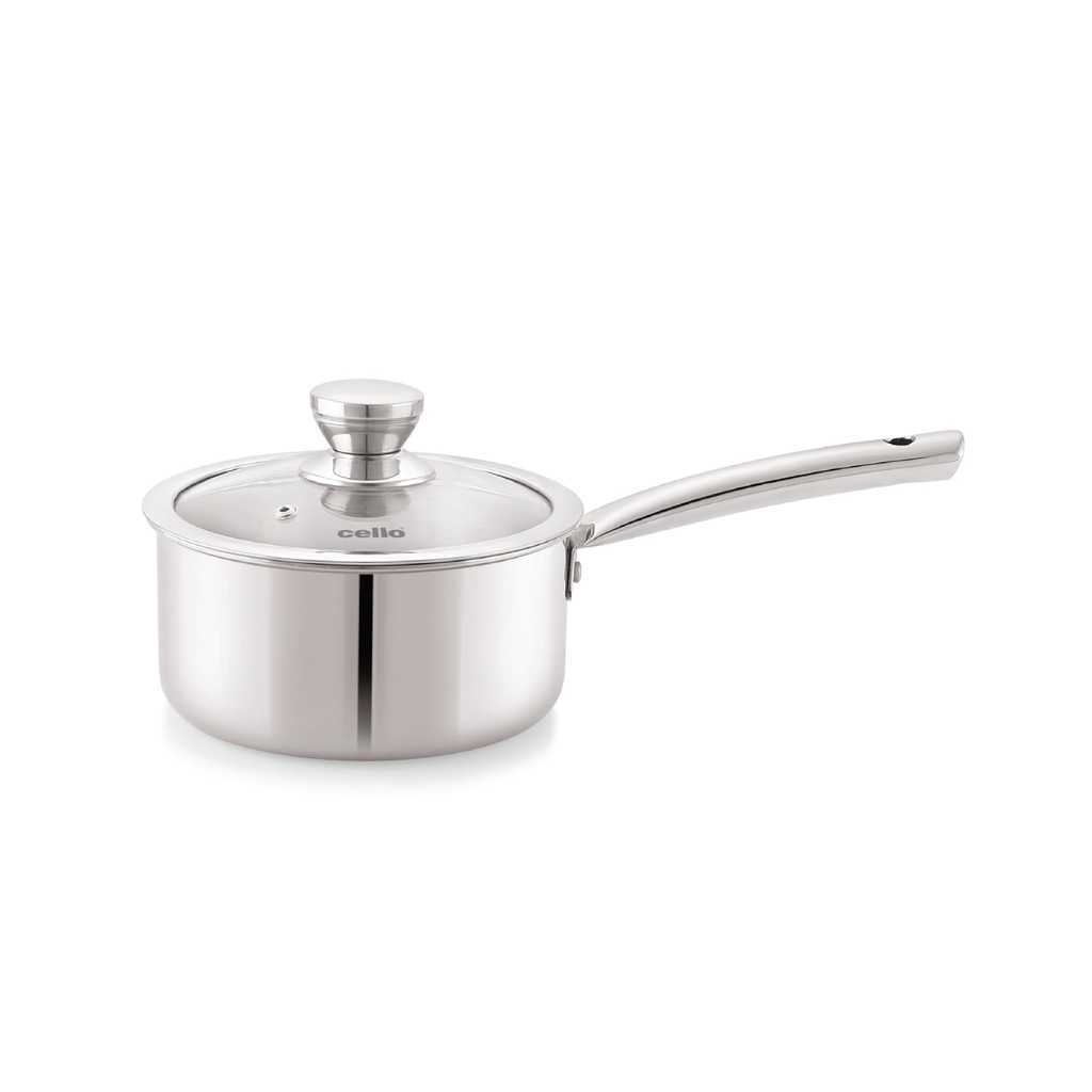 Cello Tri-Ply Pro Stainless Steel Sauce Pan 18 cm with Glass Lid